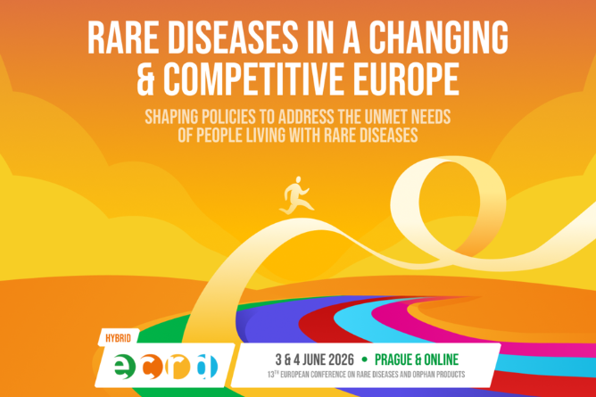 ECRD 2026 Grafik mit einem stilisierten gelben Band, das sich zu einer Schleife formt, und einer kleinen laufenden Figur auf dem Band vor einem orangefarbenen Hintergrund