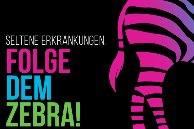 Motiv ColourUp4Rare Rechts ein stilisierter Zebrakörper in pink und lila Streifen auf schwarzem Hintergrund, links der Text 'SELTENE ERKRANKUNGEN. FOLGE DEM ZEBRA!' in weiß, pink, blau und grün.