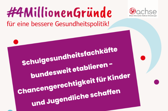 Forderung nach Etablierung von Schulgesundheitsfachkräften Textbanner mit der Aufschrift '#4MillionenGründe für eine bessere Gesundheitspolitik! schulgesundheitsfachkräfte bundesweit etablieren – Chancengerechtigkeit für Kinder und Jugendliche schaffen'