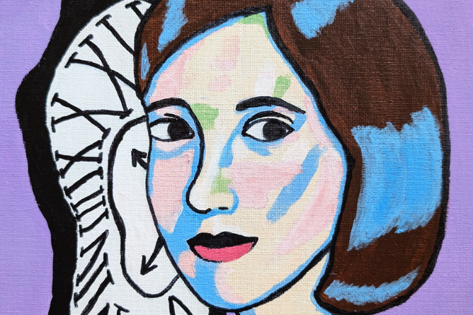 Headerbild Selten allein 2026 Nahaufnahme einer Uhr mit römischen Ziffern auf der linken Seite und einer braunen Kaffeetasse mit blauem Fleck auf der rechten Seite vor lila Hintergrund