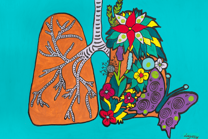 Bunte Illustration einer Lunge, deren rechte Hälfte aus verschiedenen Blumen und einem Schmetterling besteht