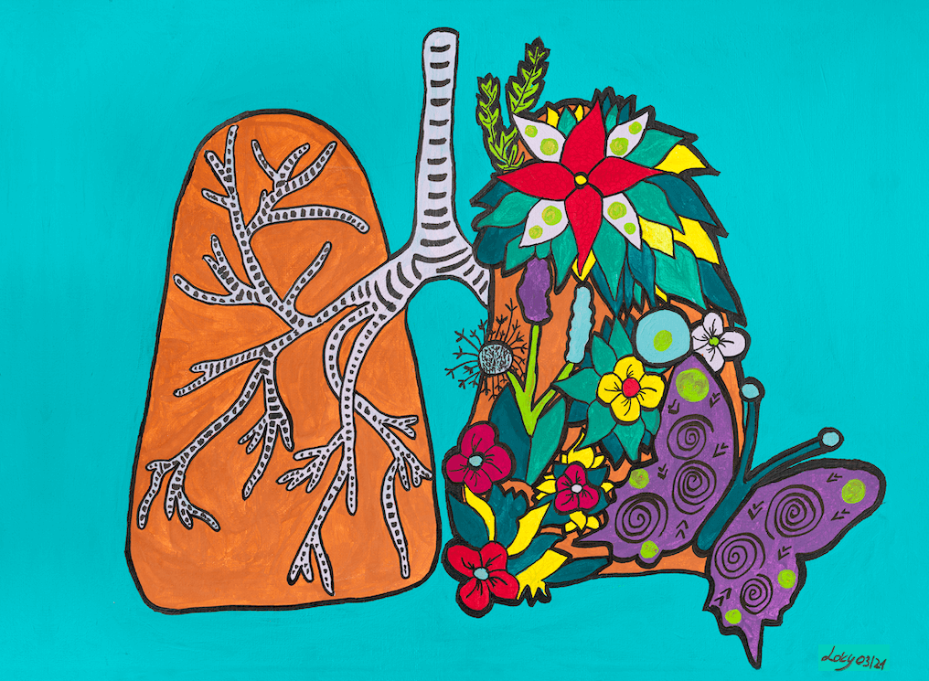 Werk von Loky, Mukoviszidose-Betroffene Bunte Illustration einer Lunge, deren rechte Hälfte aus verschiedenen Blumen und einem Schmetterling besteht